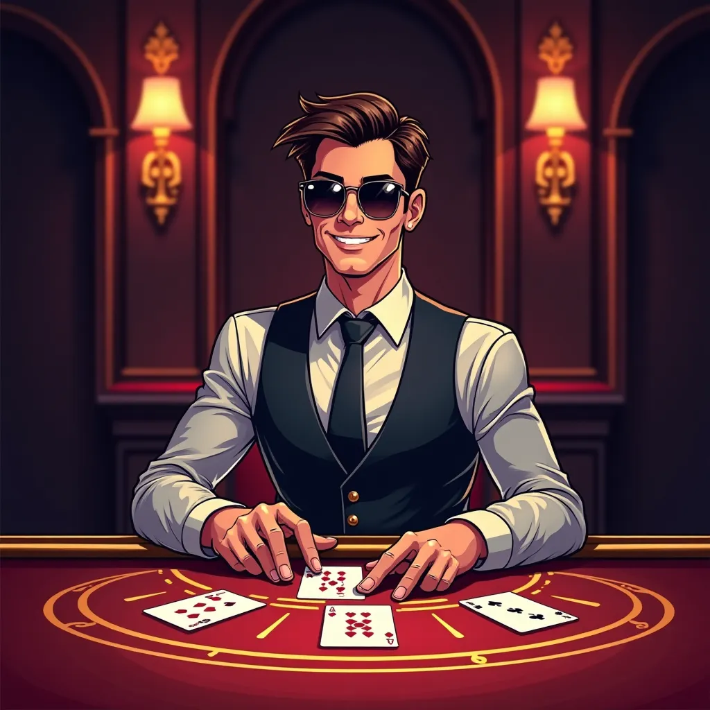 Cartoon live dealer casino table with neon lights